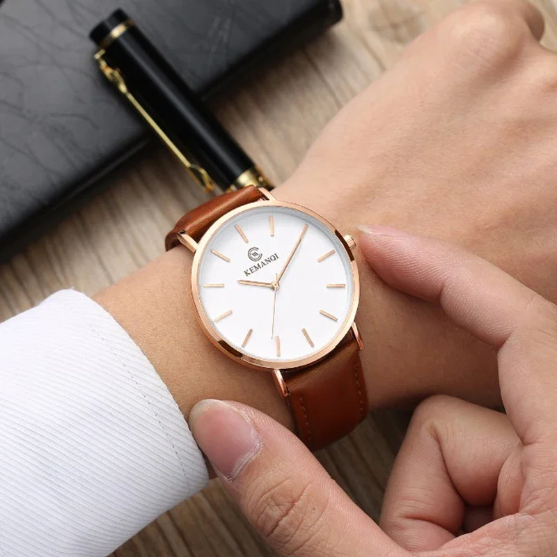 Leather Watch Band Men - Reloj de pulsera de cuarzo ultrafino